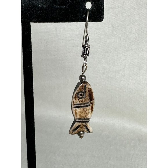 Carved Fish Dangle Earrings - Sterling Ear Hooks - 2 1/4" - Picture 3 of 6